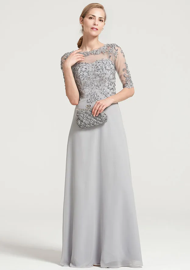 A-line Half Sleeve Floor-Length Chiffon Mother of the Bride Dress With Sequins Appliqued