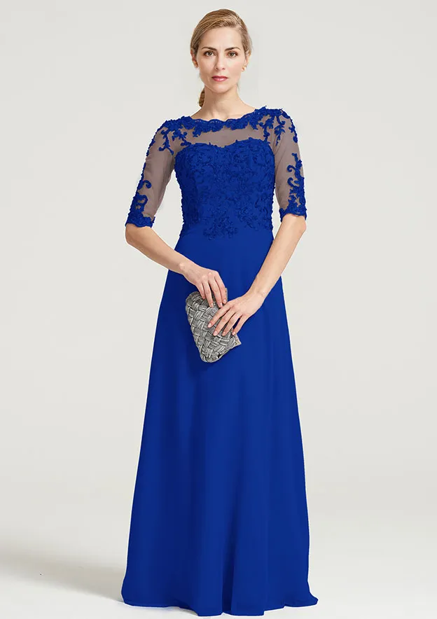 A-line Half Sleeve Floor-Length Chiffon Mother of the Bride Dress With Sequins Appliqued