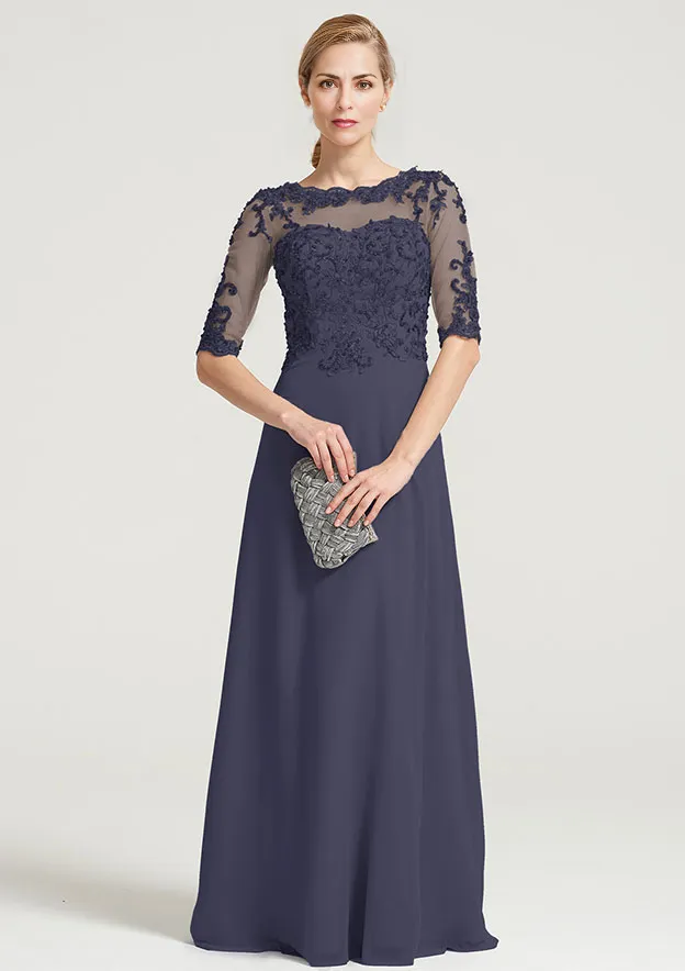 A-line Half Sleeve Floor-Length Chiffon Mother of the Bride Dress With Sequins Appliqued
