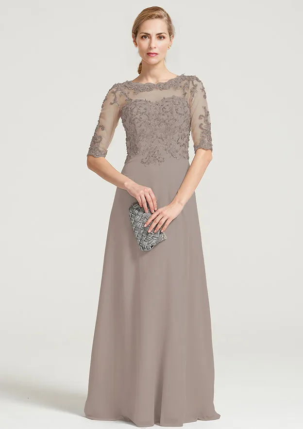 A-line Half Sleeve Floor-Length Chiffon Mother of the Bride Dress With Sequins Appliqued