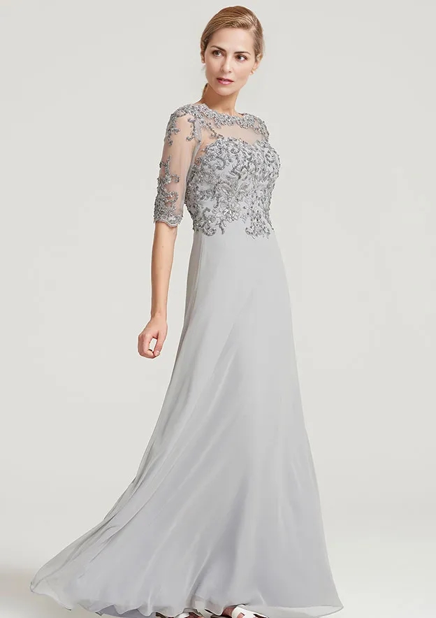A-line Half Sleeve Floor-Length Chiffon Mother of the Bride Dress With Sequins Appliqued