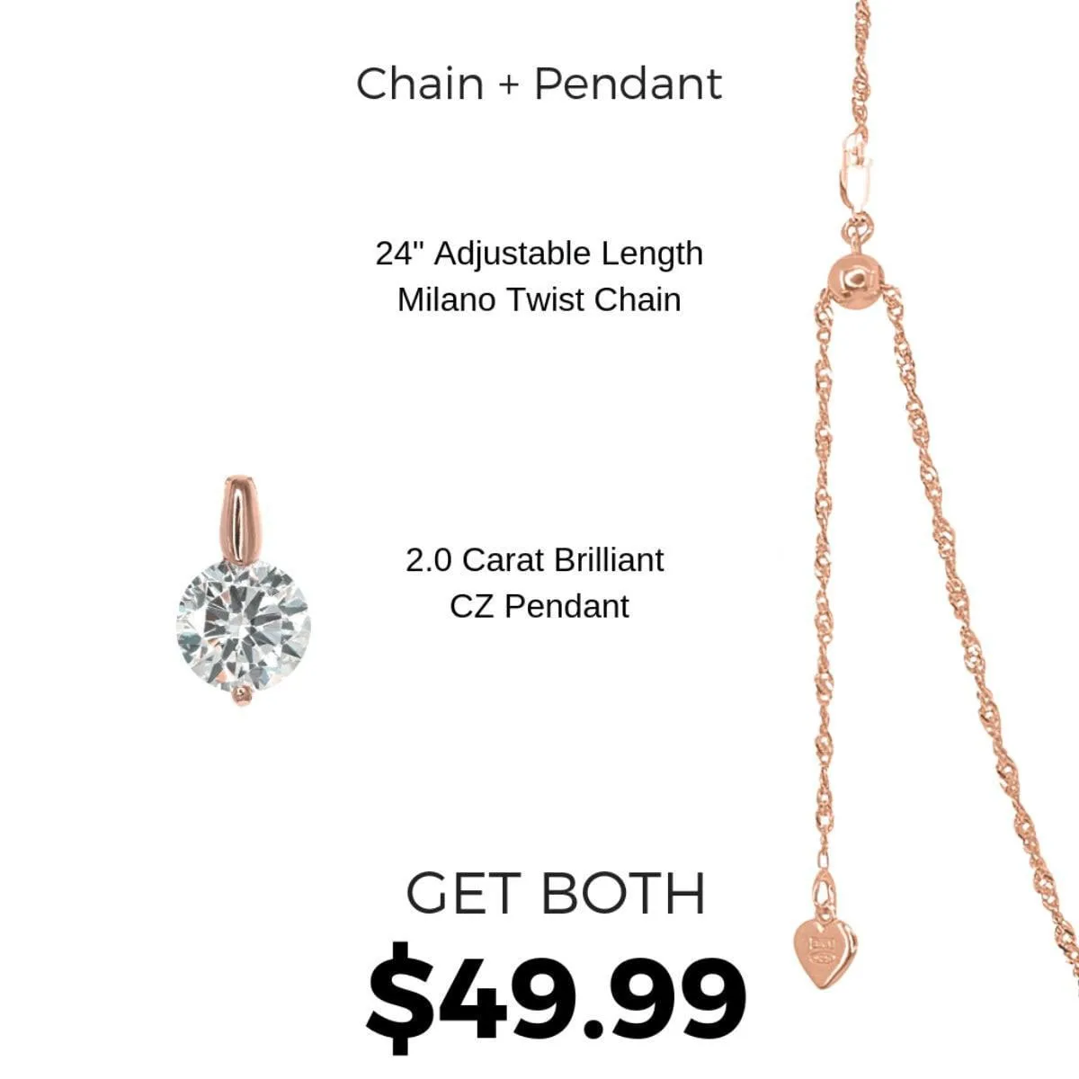 Adjustable Milano Twist Chain   Brilliant CZ Pendant Set in Rose Gold Overlay