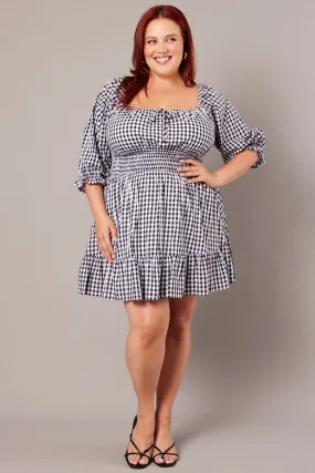 Black Check Mini Dress 3/4 Sleeve Shirred Gingham