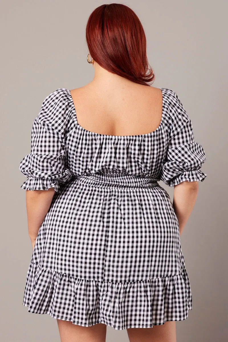 Black Check Mini Dress 3/4 Sleeve Shirred Gingham