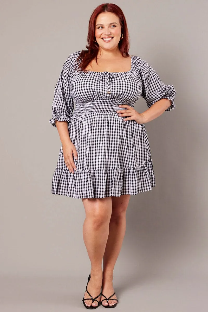 Black Check Mini Dress 3/4 Sleeve Shirred Gingham