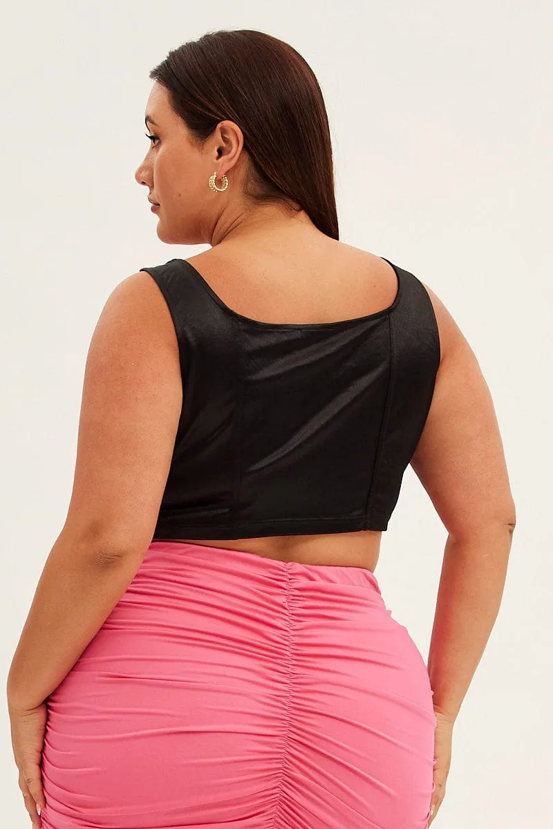 Black Corset Top Sleeveless Satin Look Jersey