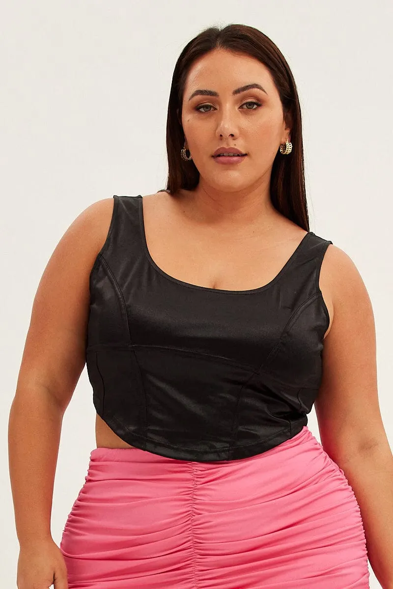 Black Corset Top Sleeveless Satin Look Jersey