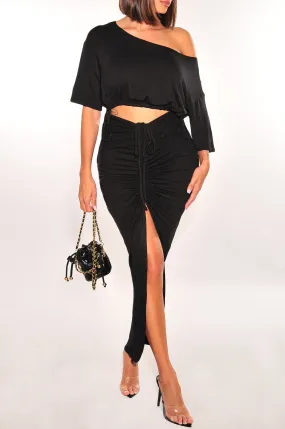 Black Drawstring Ruched Slit Skirt Two Piece Set