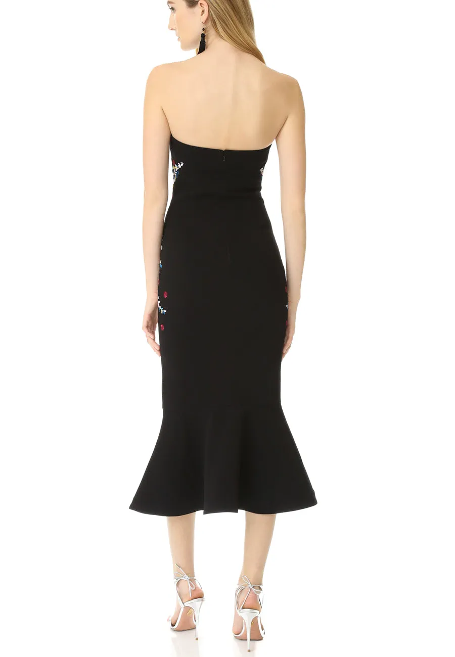 Black Luna Strapless Embroidered Mermaid Midi Dress