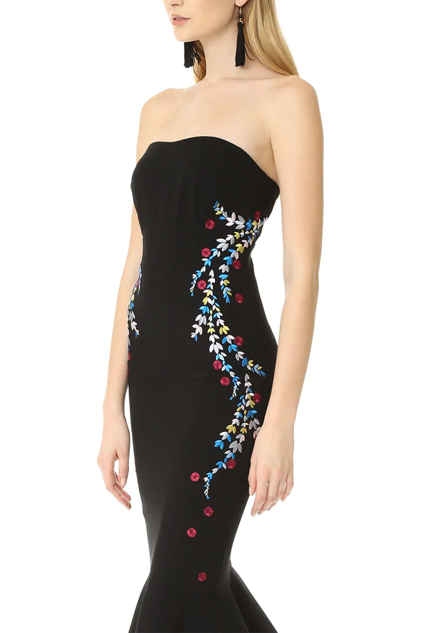 Black Luna Strapless Embroidered Mermaid Midi Dress