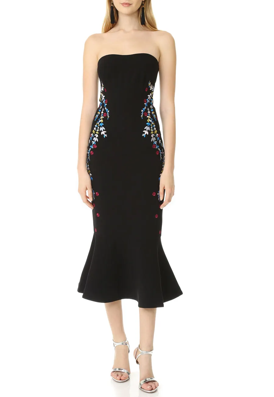 Black Luna Strapless Embroidered Mermaid Midi Dress
