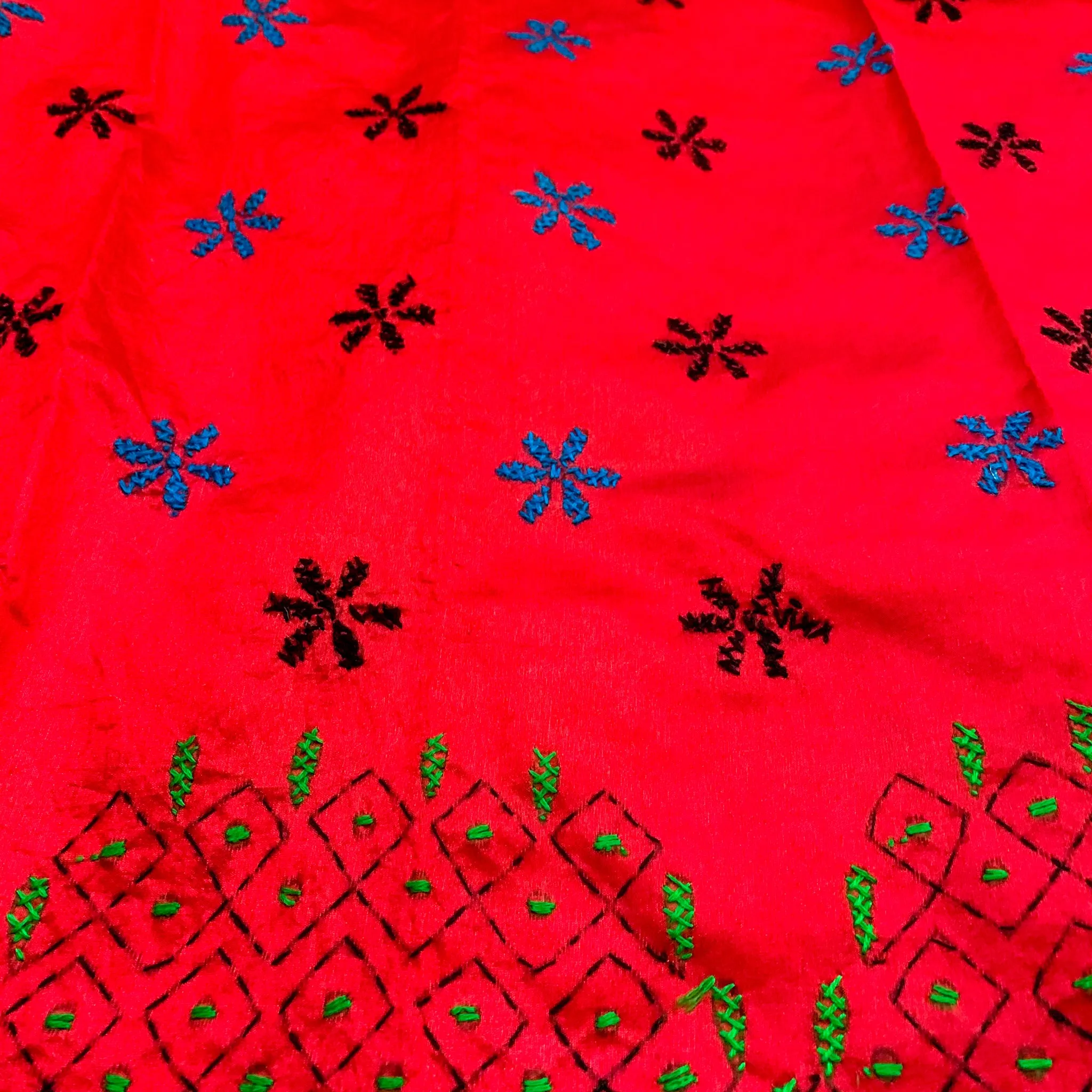 Bright Red Cotton Silk Saree with Kaantha Stitch embroidery work