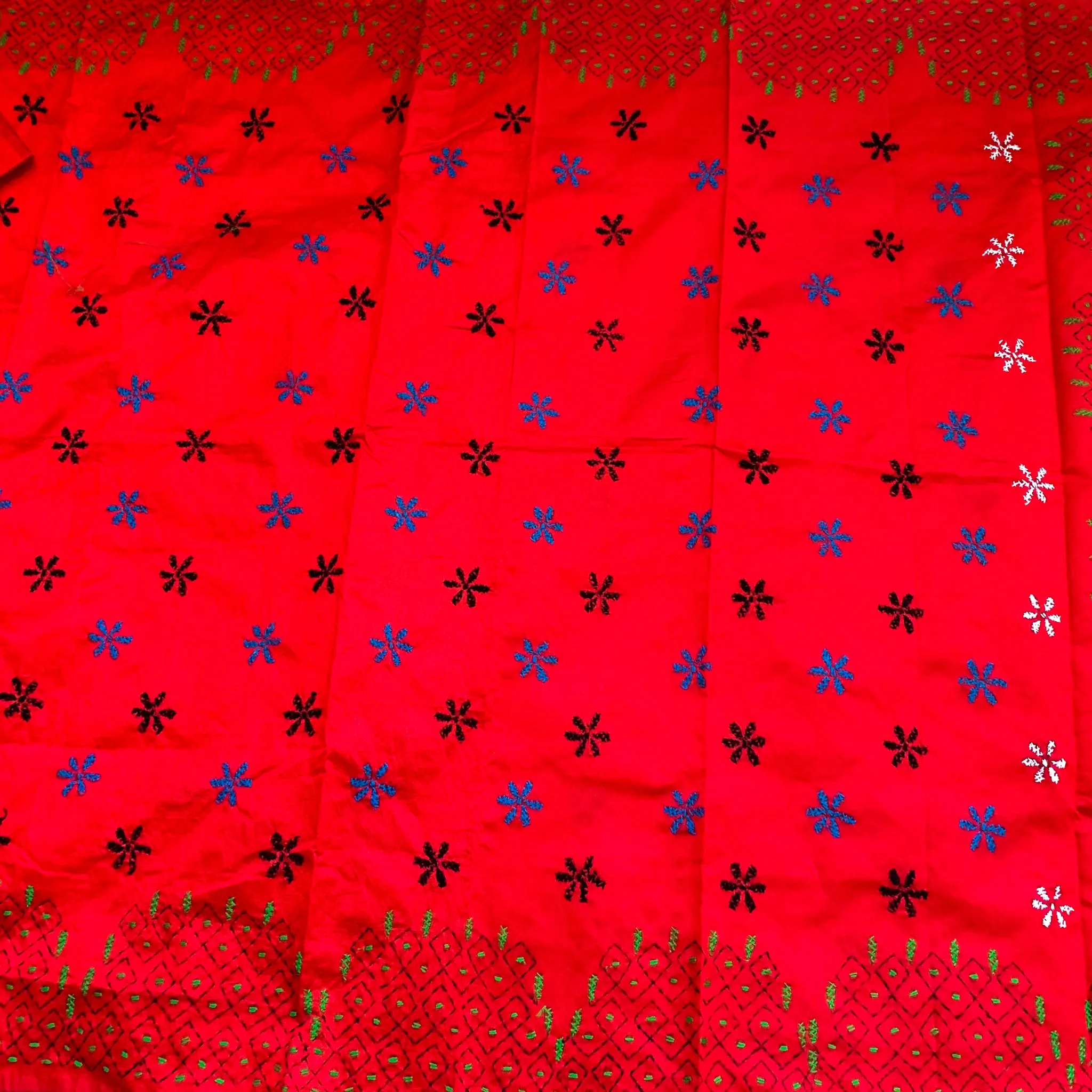 Bright Red Cotton Silk Saree with Kaantha Stitch embroidery work