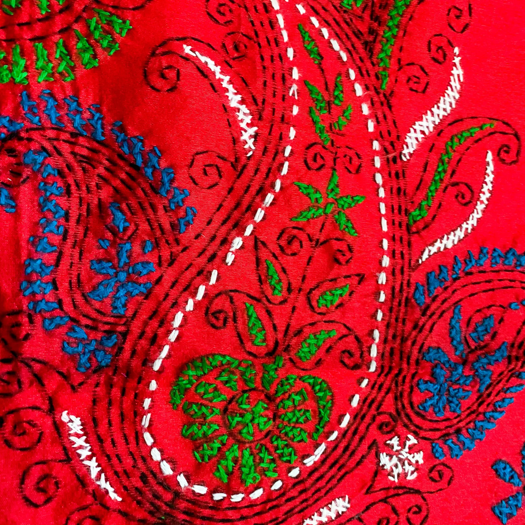 Bright Red Cotton Silk Saree with Kaantha Stitch embroidery work