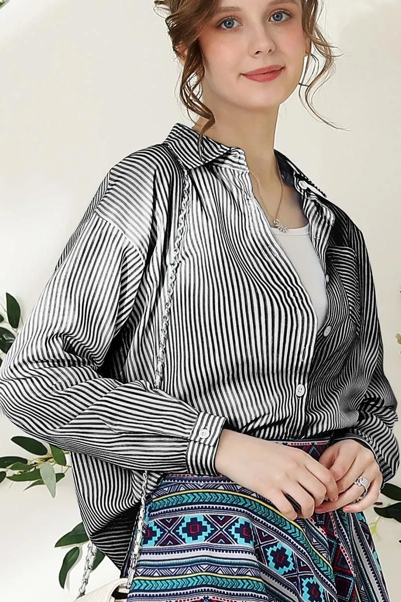 BUTTON DOWN VERTICAL STRIPE ONE POCKET SHIRTS