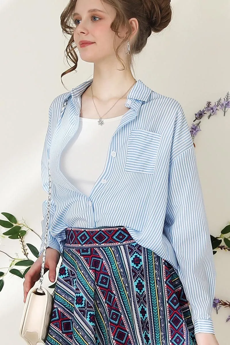 BUTTON DOWN VERTICAL STRIPE ONE POCKET SHIRTS
