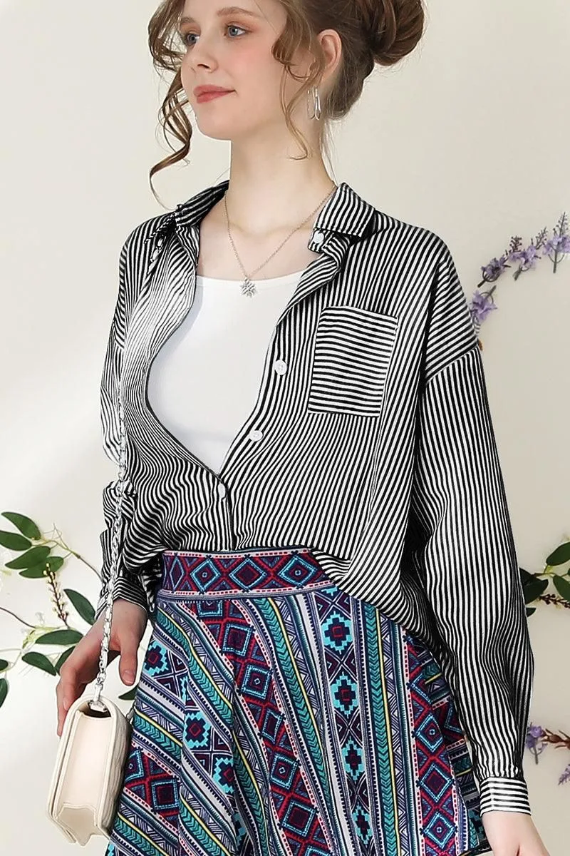 BUTTON DOWN VERTICAL STRIPE ONE POCKET SHIRTS