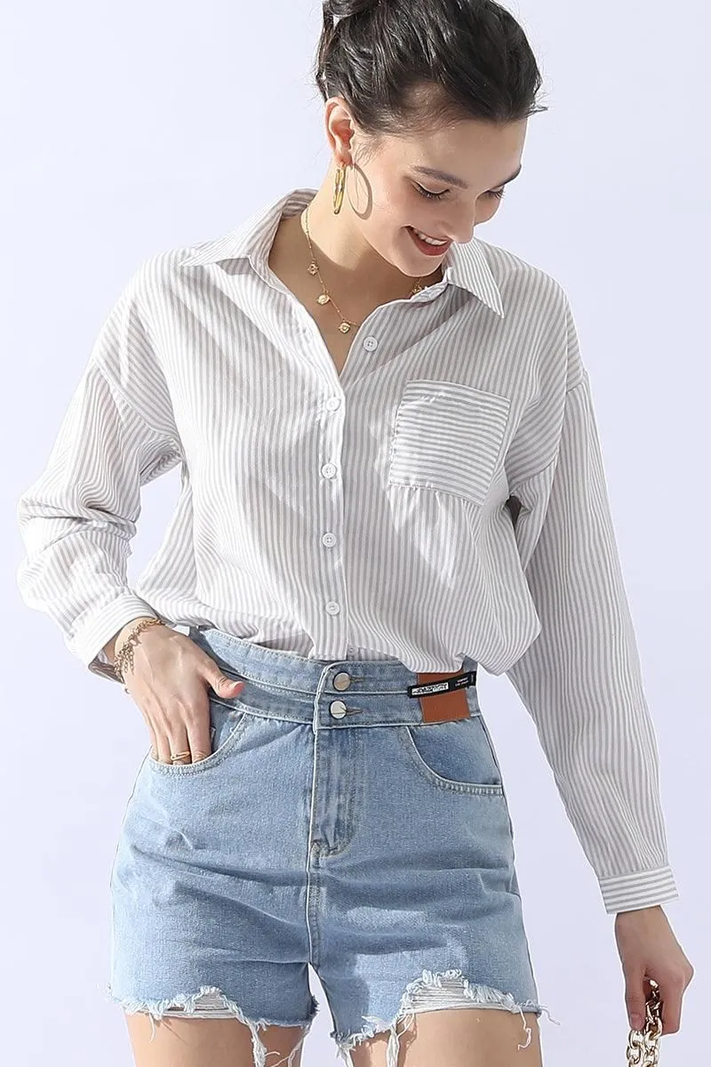 BUTTON DOWN VERTICAL STRIPE ONE POCKET SHIRTS