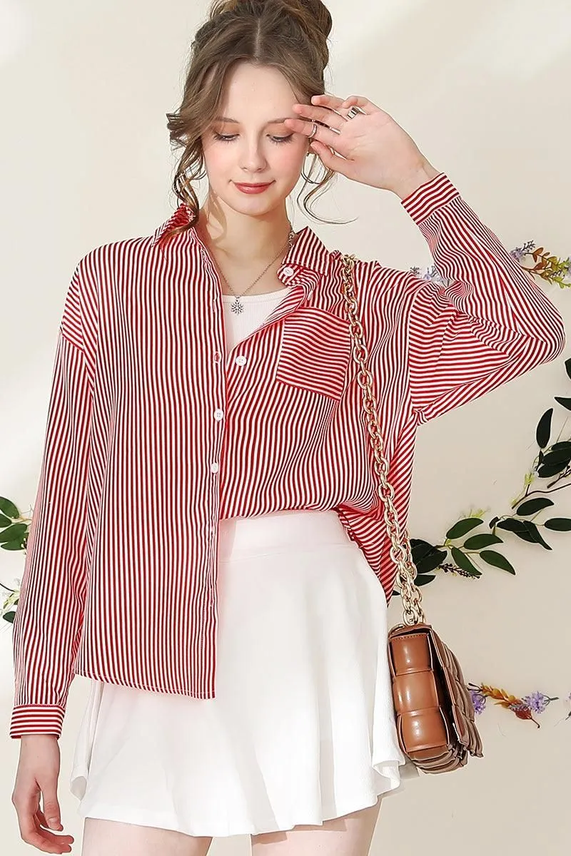 BUTTON DOWN VERTICAL STRIPE ONE POCKET SHIRTS