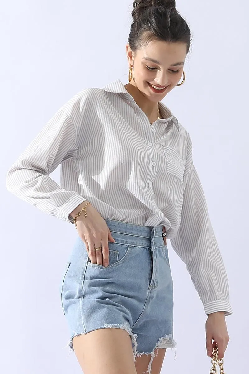 BUTTON DOWN VERTICAL STRIPE ONE POCKET SHIRTS