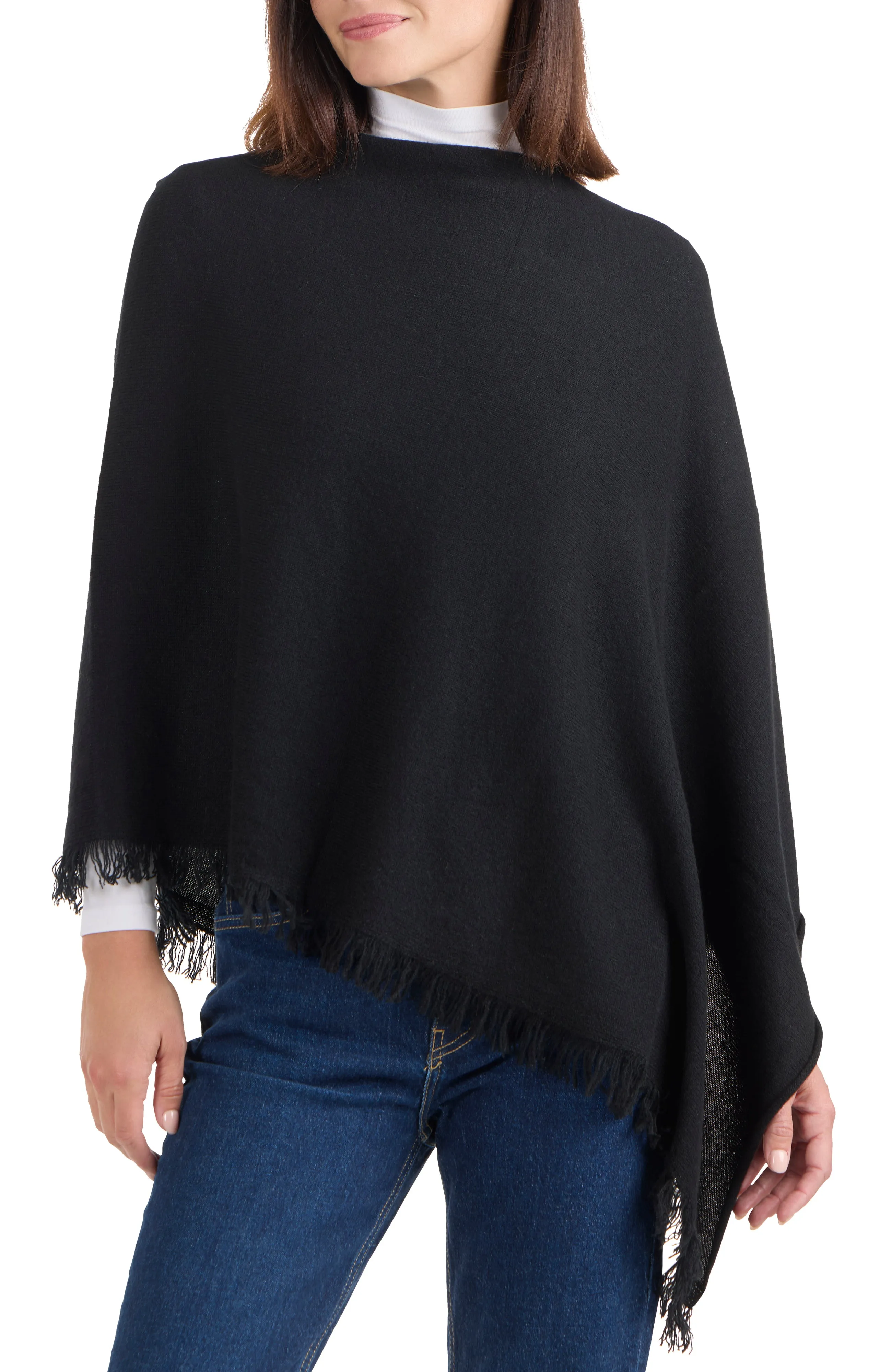 CASHMERE FRINGE JERSEY ASYMMETRICAL PONCHO