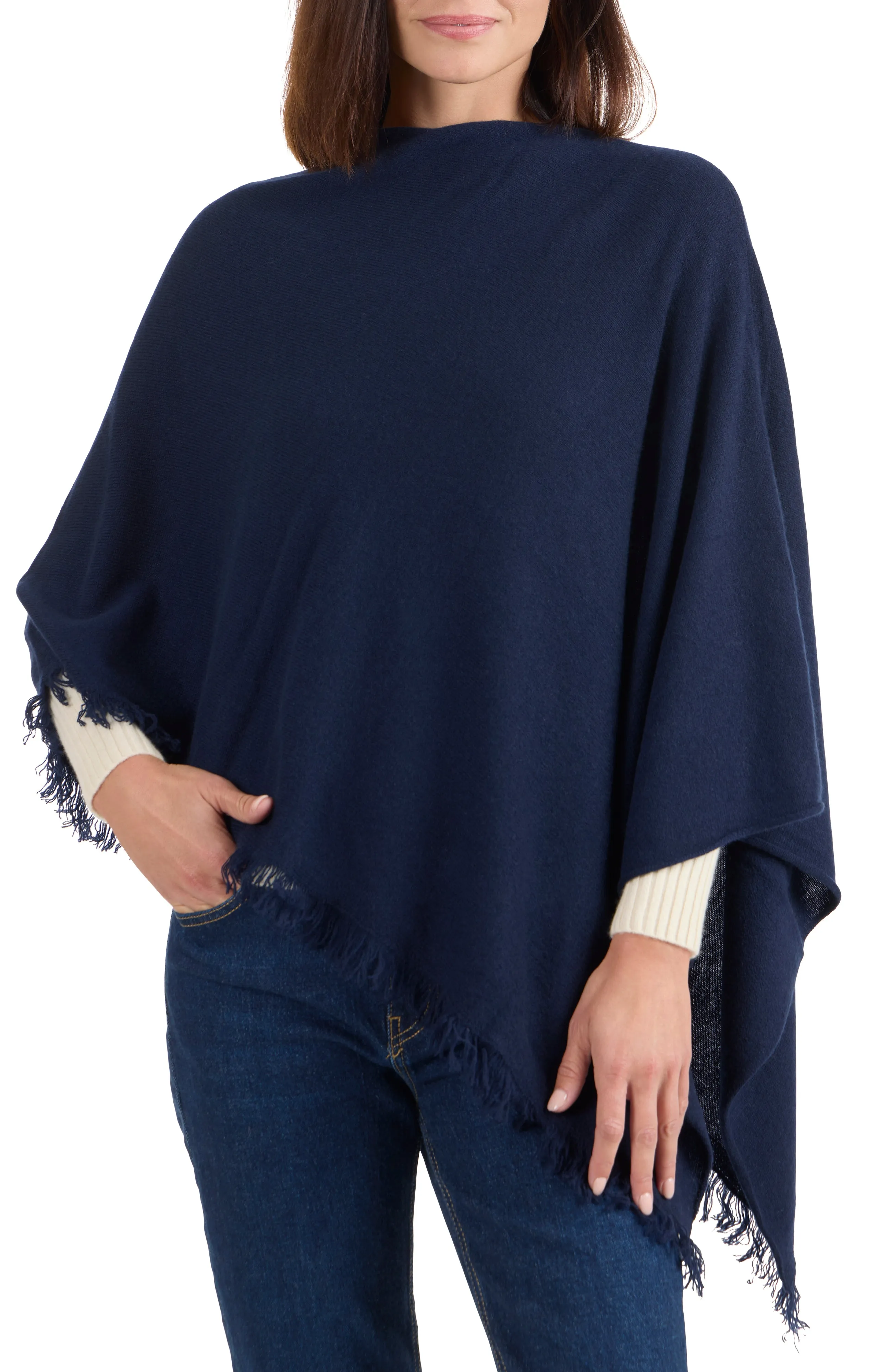 CASHMERE FRINGE JERSEY ASYMMETRICAL PONCHO