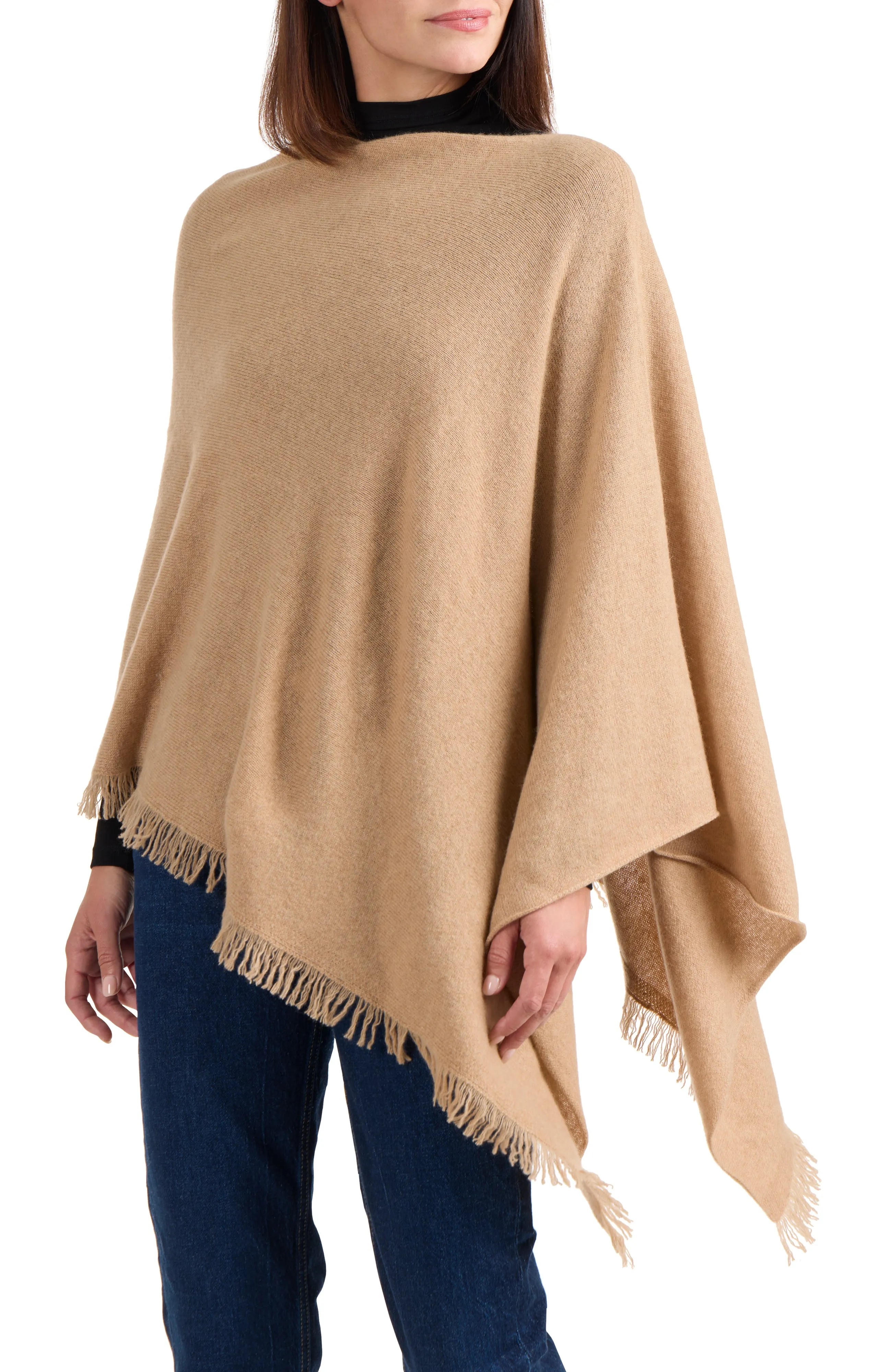 CASHMERE FRINGE JERSEY ASYMMETRICAL PONCHO