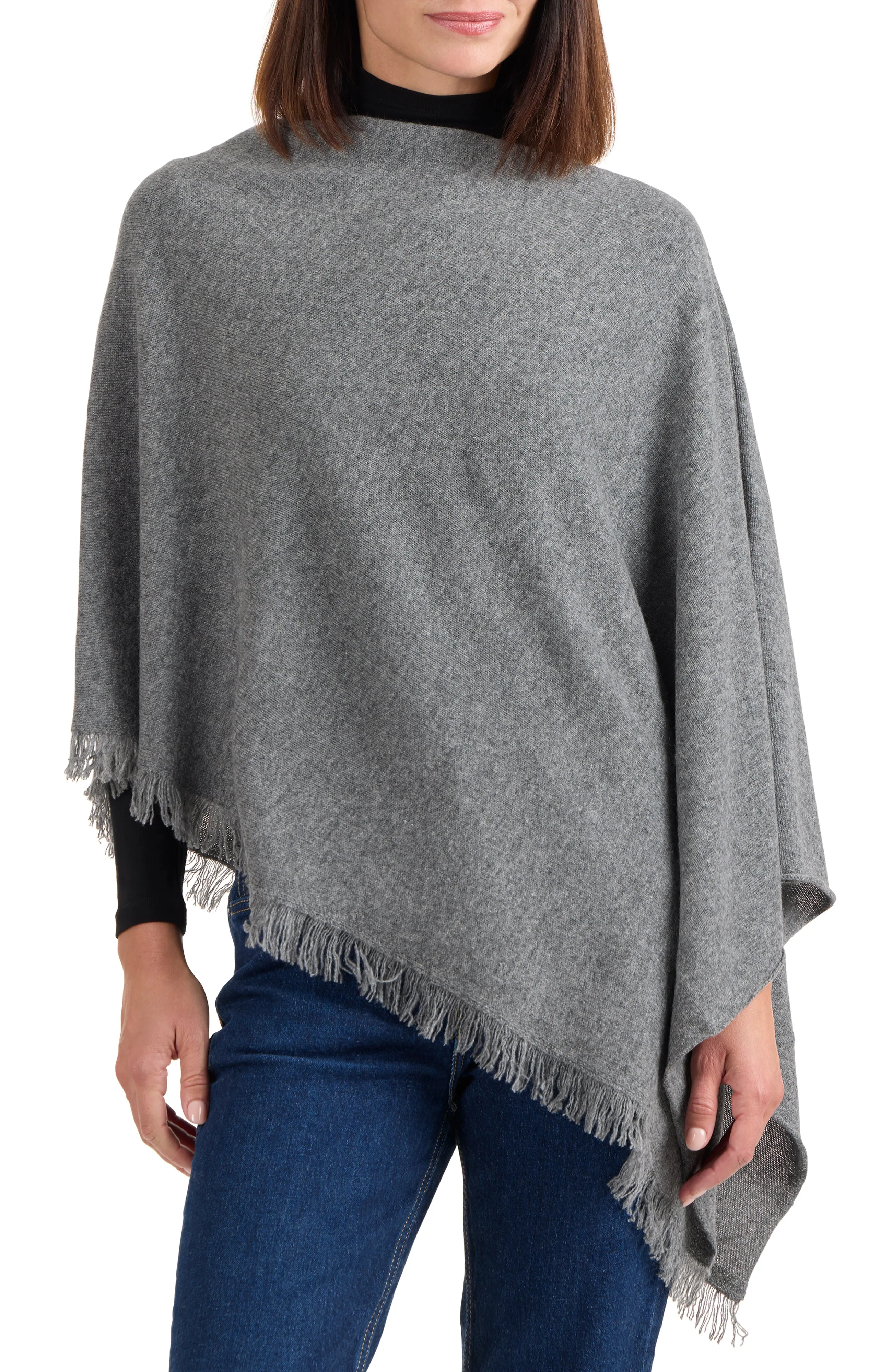 CASHMERE FRINGE JERSEY ASYMMETRICAL PONCHO
