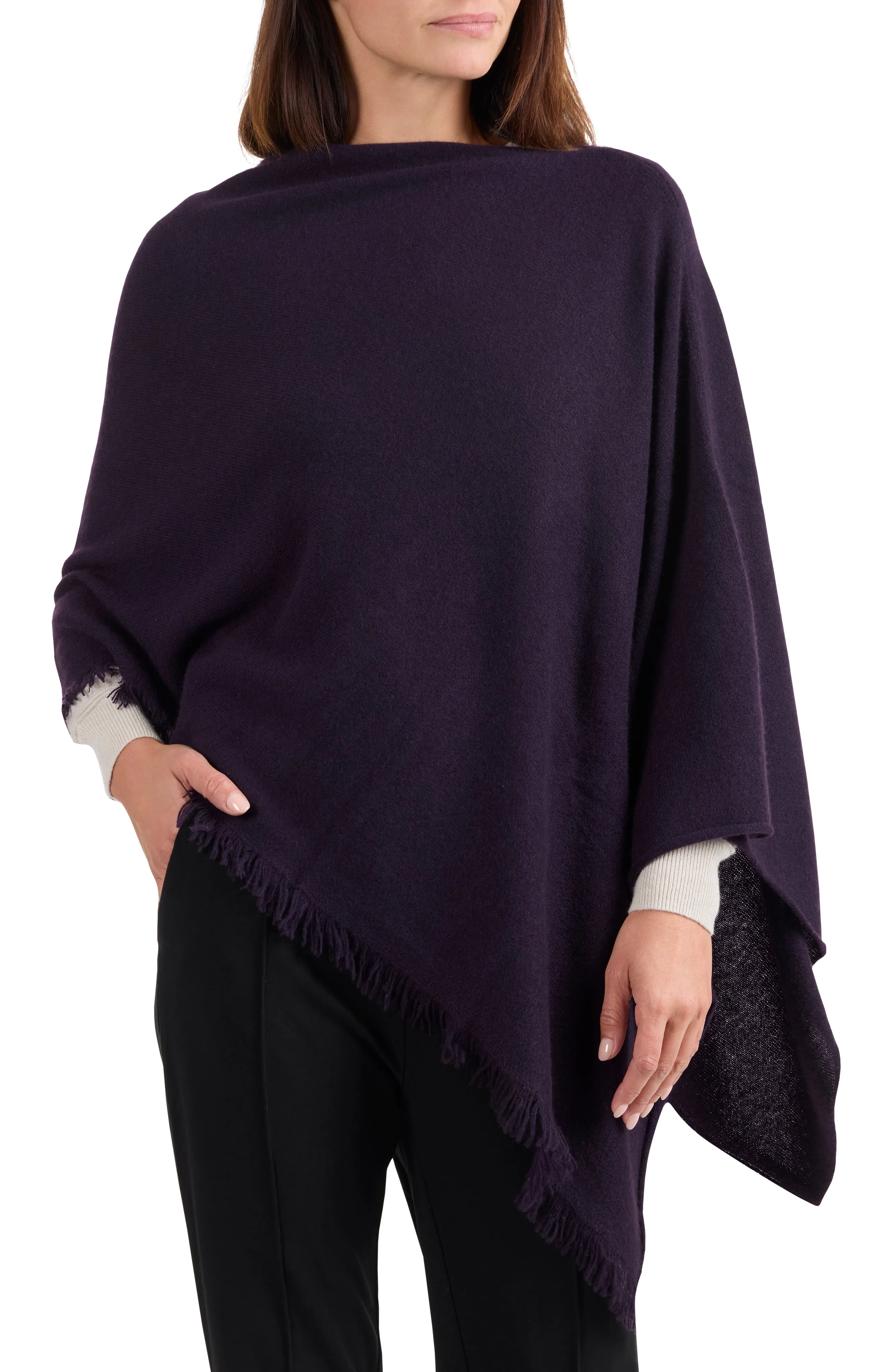 CASHMERE FRINGE JERSEY ASYMMETRICAL PONCHO