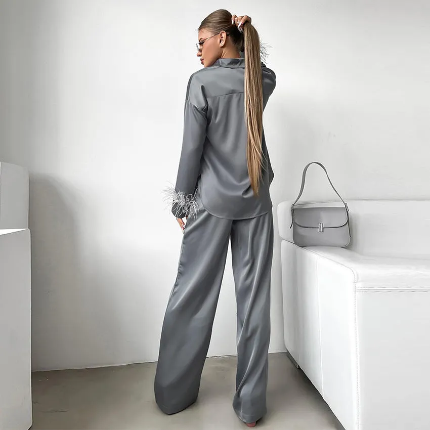Casual Commuting High-Quality Feather Shirt And Trousers Two-Piece Set Wholesale Women Clothing