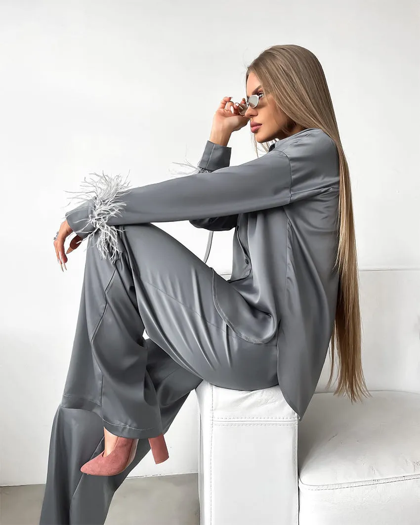 Casual Commuting High-Quality Feather Shirt And Trousers Two-Piece Set Wholesale Women Clothing
