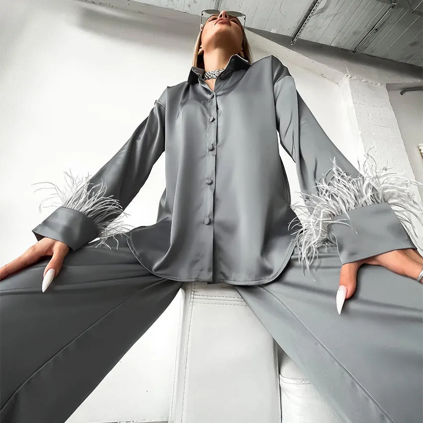 Casual Commuting High-Quality Feather Shirt And Trousers Two-Piece Set Wholesale Women Clothing