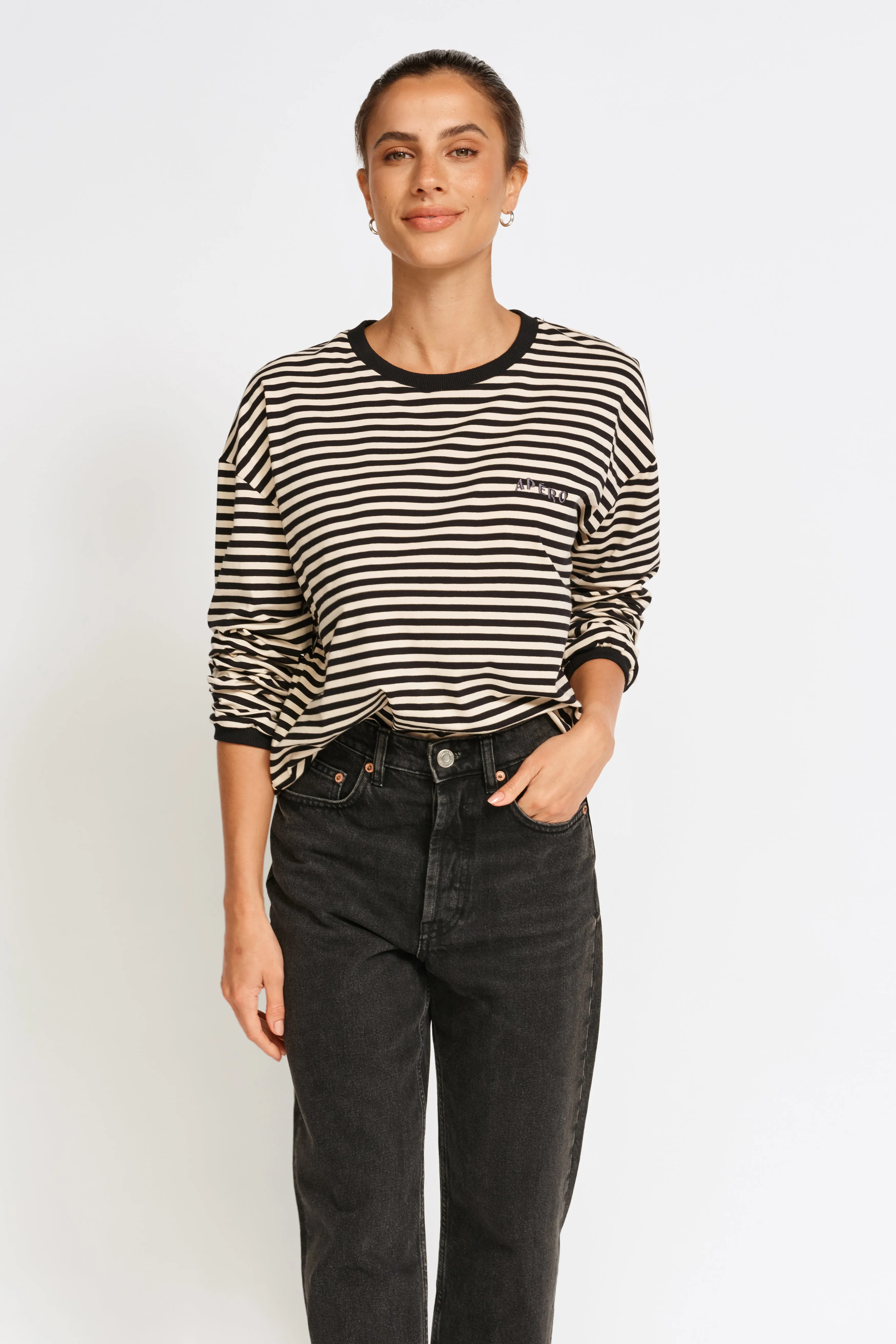 Catalina Long Sleeve Panel Tee - Black / Cream Stripe