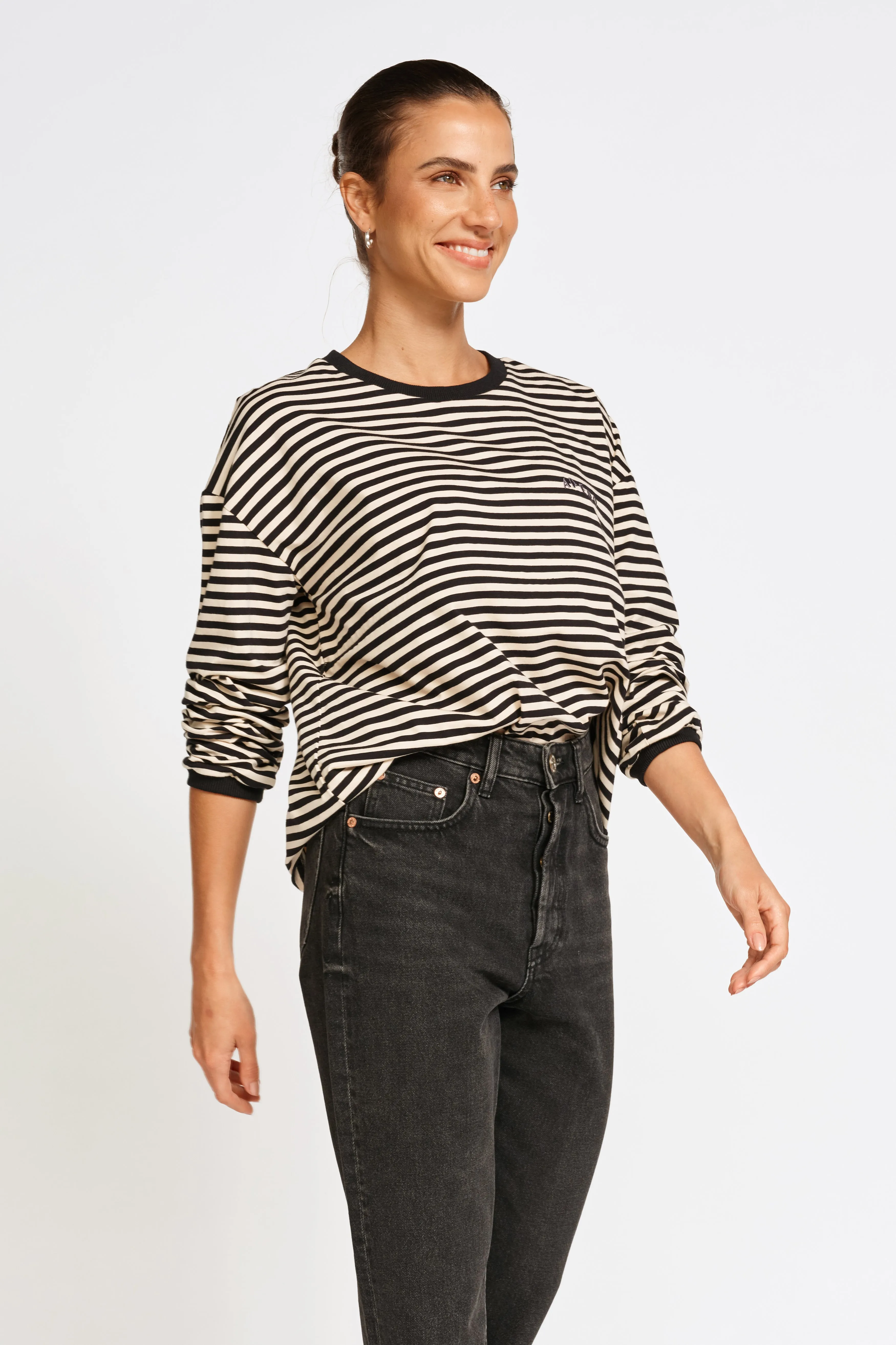 Catalina Long Sleeve Panel Tee - Black / Cream Stripe