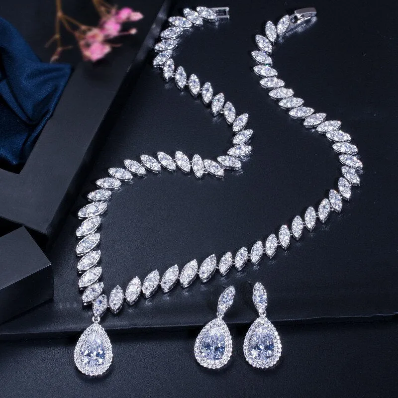 CC Wedding Cubic Zirconia Luxury Elegant Women's Necklace and Earrings Jewelry Set
