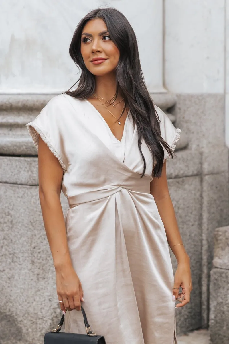 Champagne Satin Wrap Midi Dress