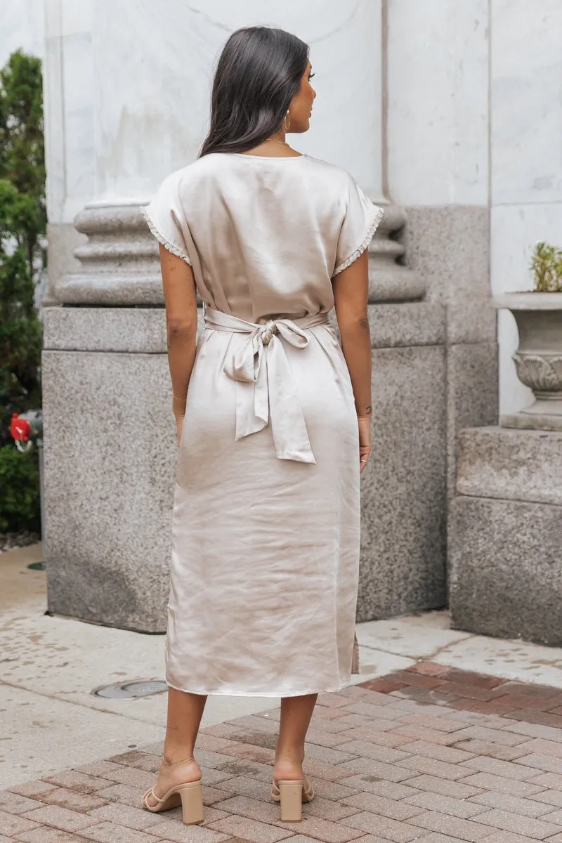 Champagne Satin Wrap Midi Dress