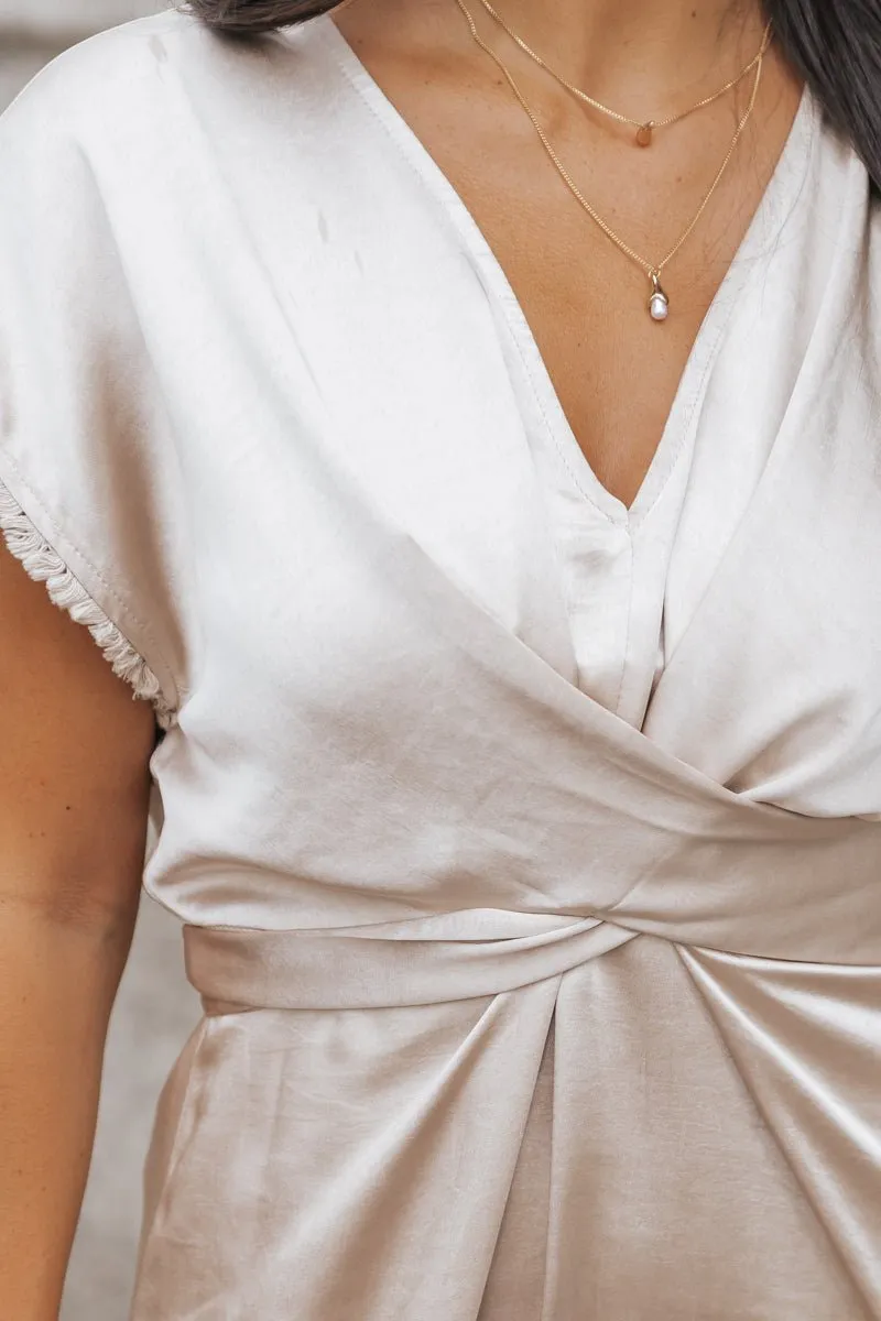 Champagne Satin Wrap Midi Dress