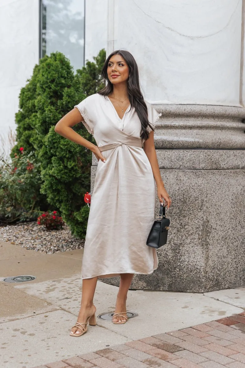 Champagne Satin Wrap Midi Dress