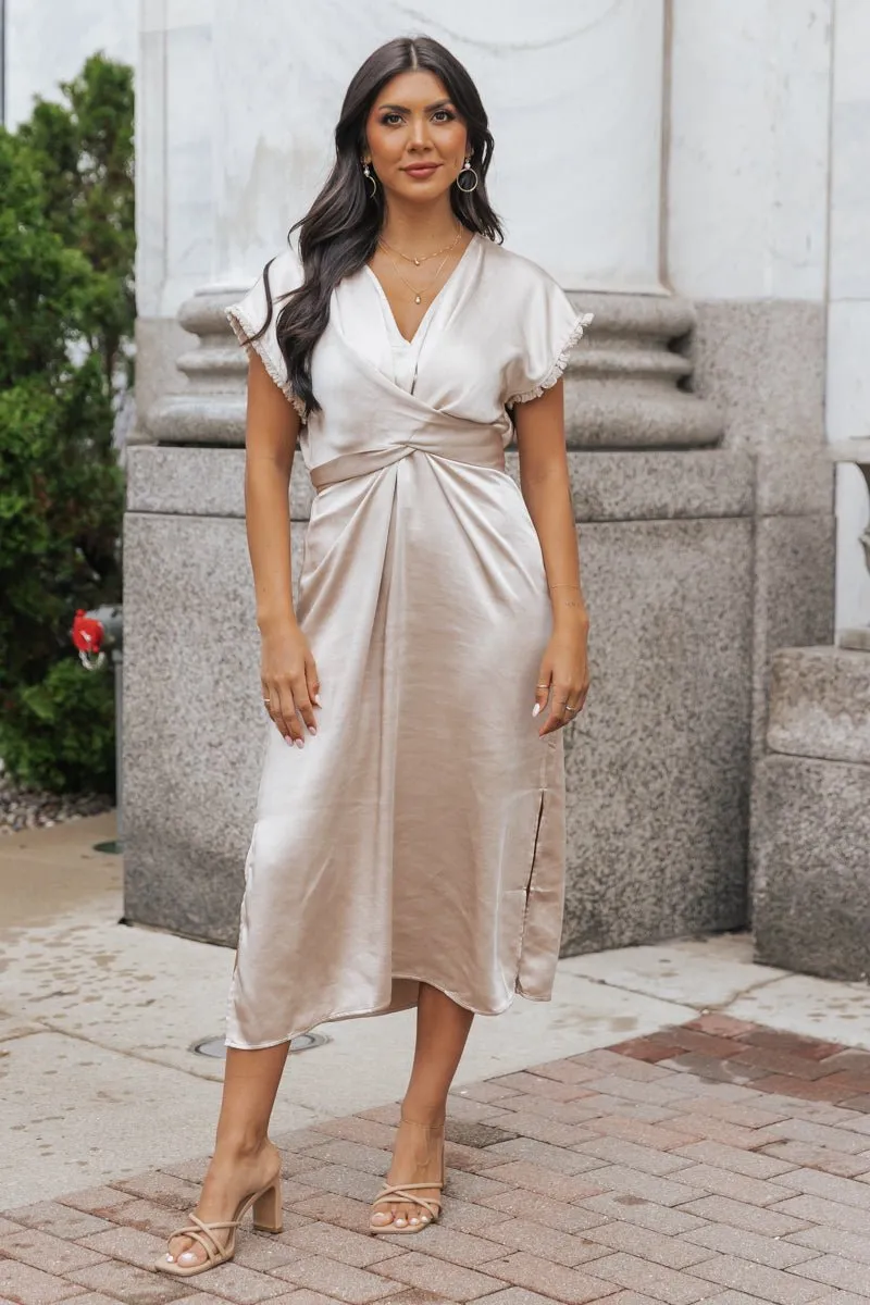 Champagne Satin Wrap Midi Dress