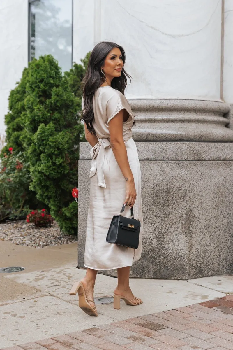 Champagne Satin Wrap Midi Dress