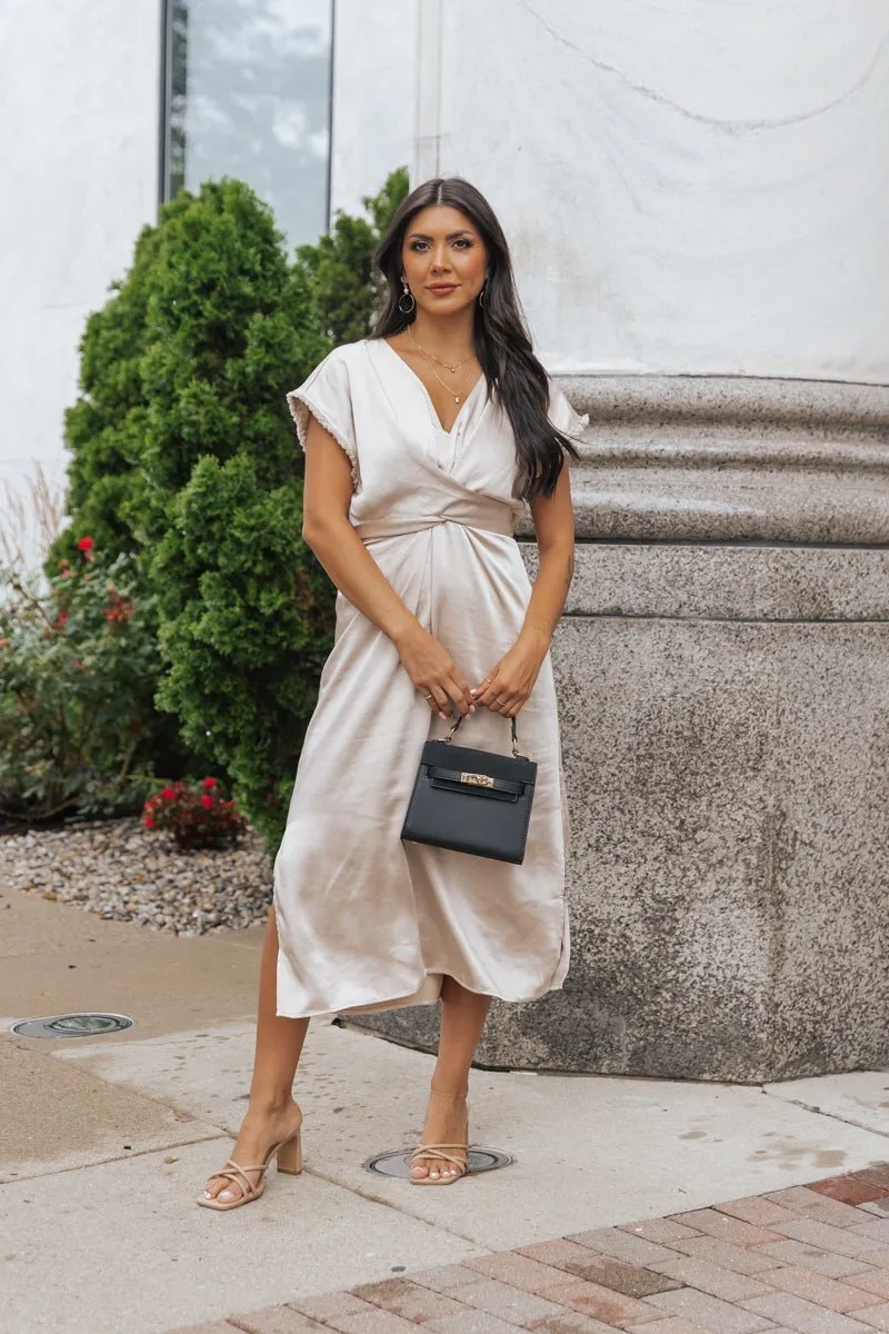 Champagne Satin Wrap Midi Dress