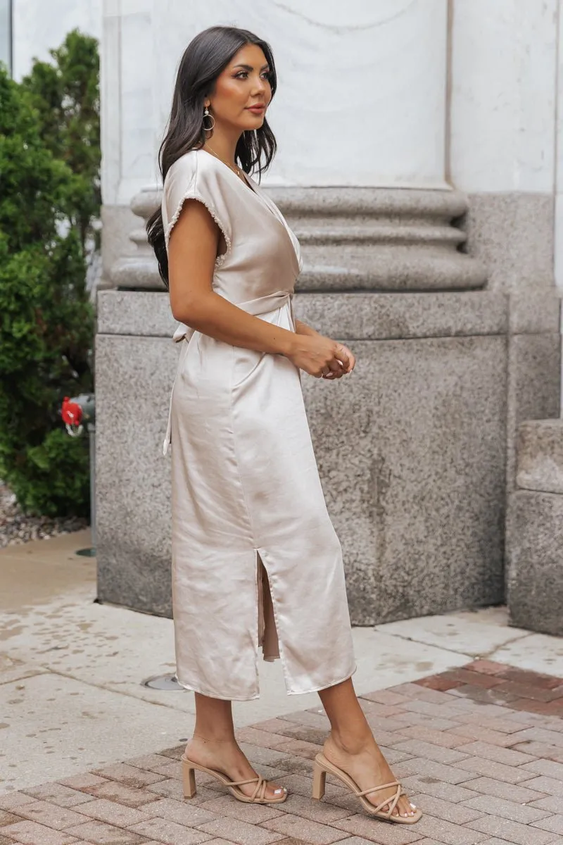 Champagne Satin Wrap Midi Dress