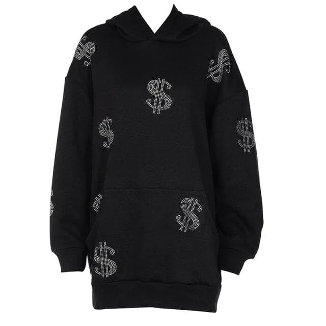 DressBetty - Money Print Baclk Hoodies Loose Long Sweatshirts Autumn Winter Oversized Pullover Hot Female Clothing Casual Fashion Streetwear