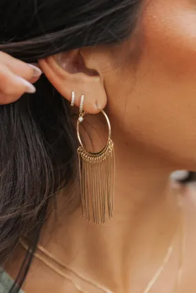Gold Metallic Bar Fringe Hoop Earrings