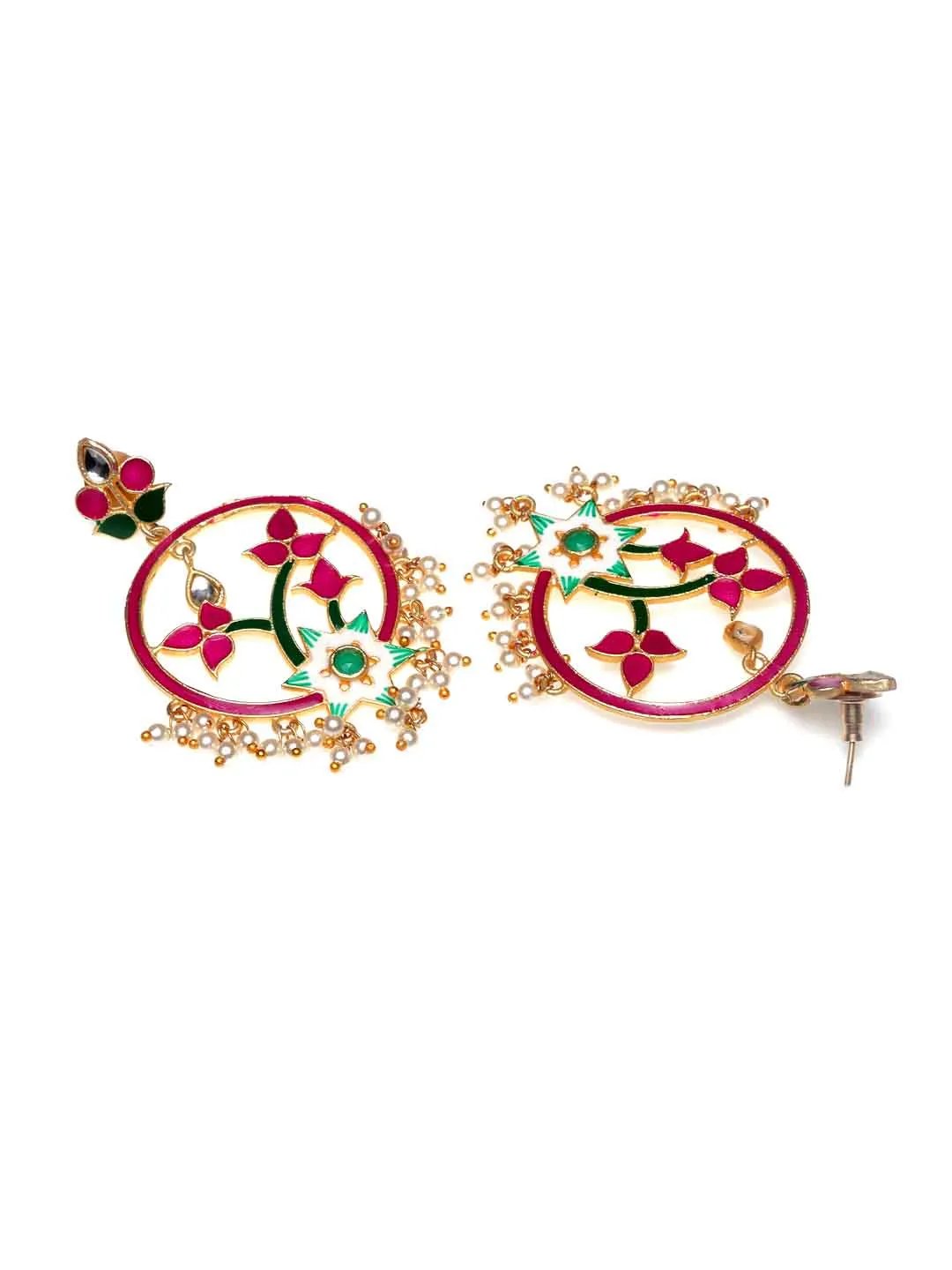 Gold-Toned & Pink Enamelled Floral Drop Earrings