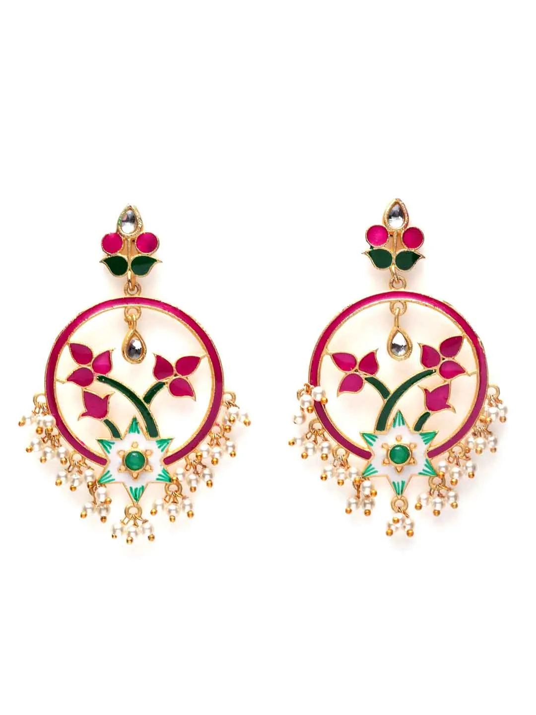 Gold-Toned & Pink Enamelled Floral Drop Earrings