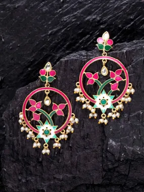 Gold-Toned & Pink Enamelled Floral Drop Earrings