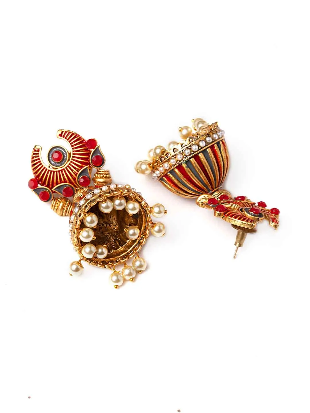 Gold-Toned & Red Dome Shaped Jhumkas