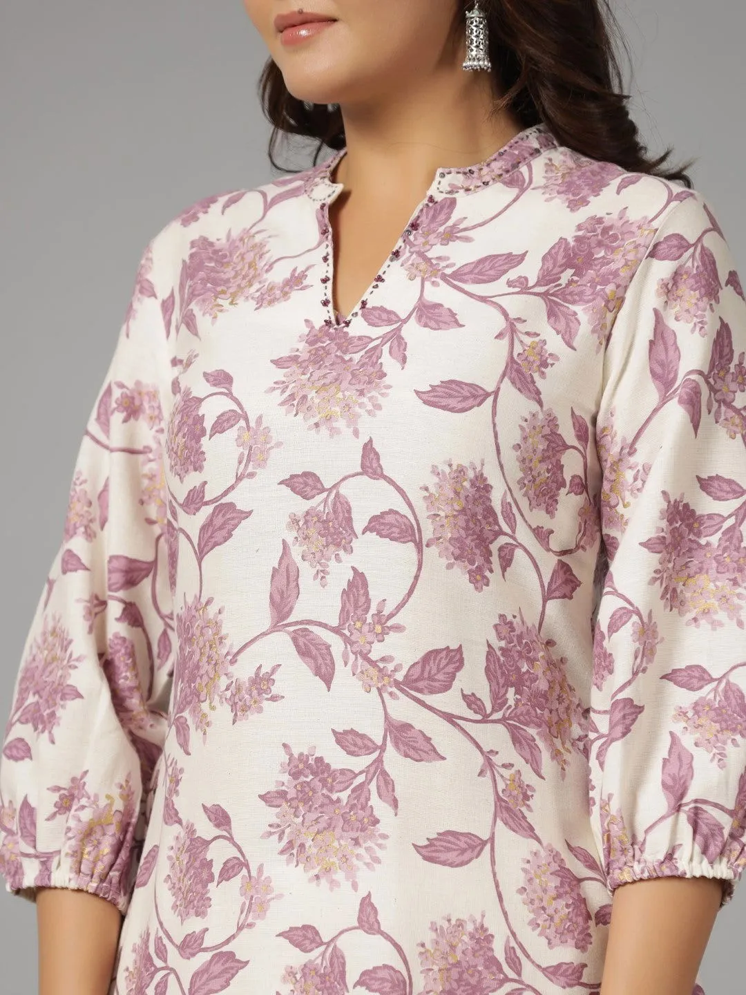 Juniper  Blooms Lavender Floral Printed Cotton Flex Kurta With Beads & Sequins Work